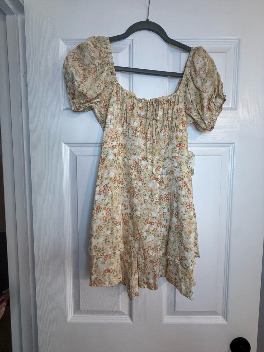 Altar'd State Cream Floral Puff Sleeve Dress/Romper with Orange & Green Accents